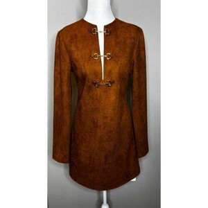Commense Women's Brown Suede Long‎ Sleeve Mini Dress Gold Detail Size Small NWT
